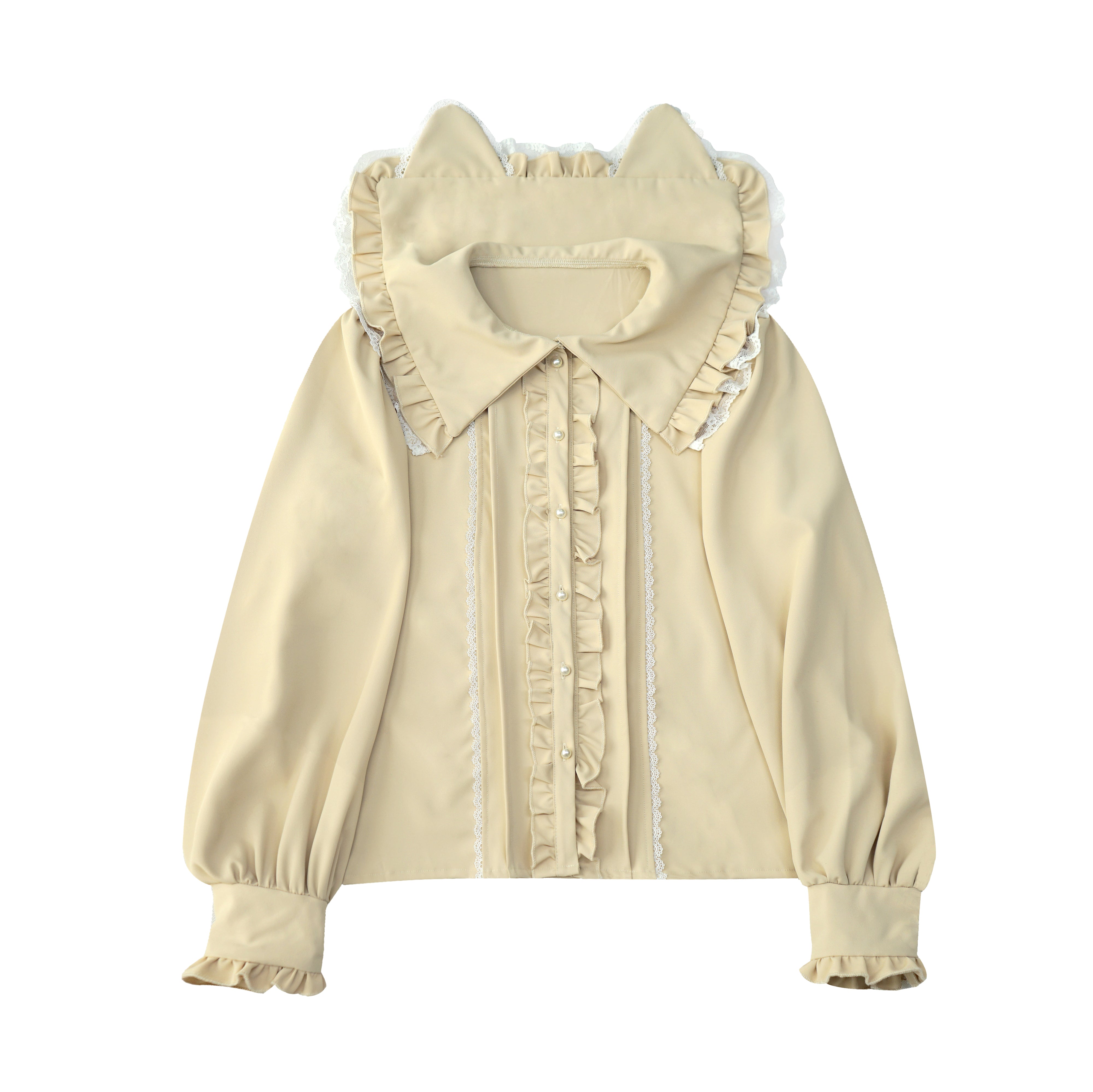 Kawaii Cat Ear Lolita Blouse with Lace Ruffles and Red Ribbon Long Sleeve Doll Collar Top