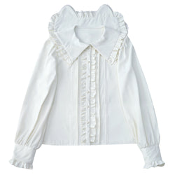 Kawaii Cat Ear Lolita Blouse with Lace Ruffles and Red Ribbon Long Sleeve Doll Collar Top