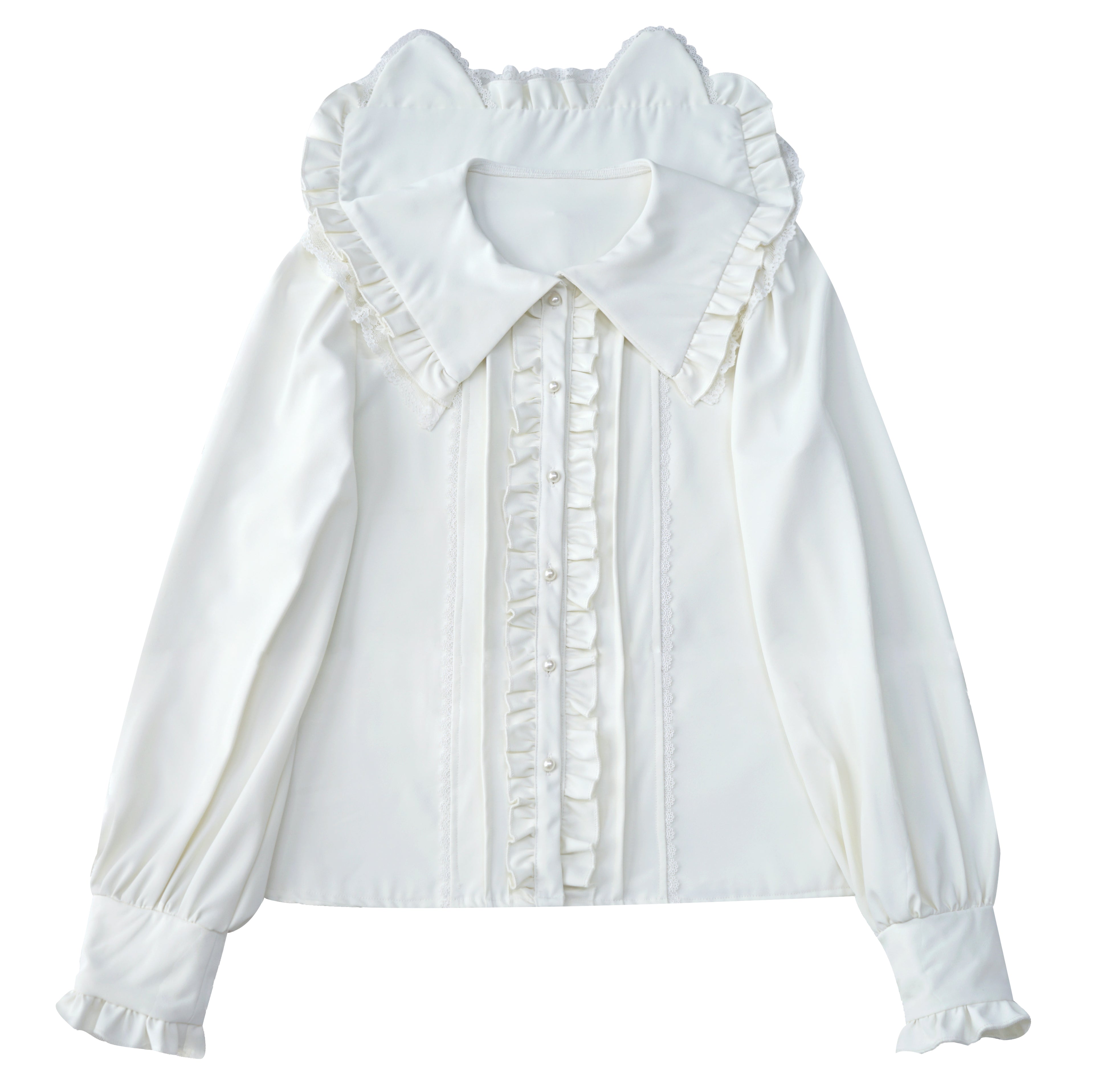 Kawaii Cat Ear Lolita Blouse with Lace Ruffles and Red Ribbon Long Sleeve Doll Collar Top