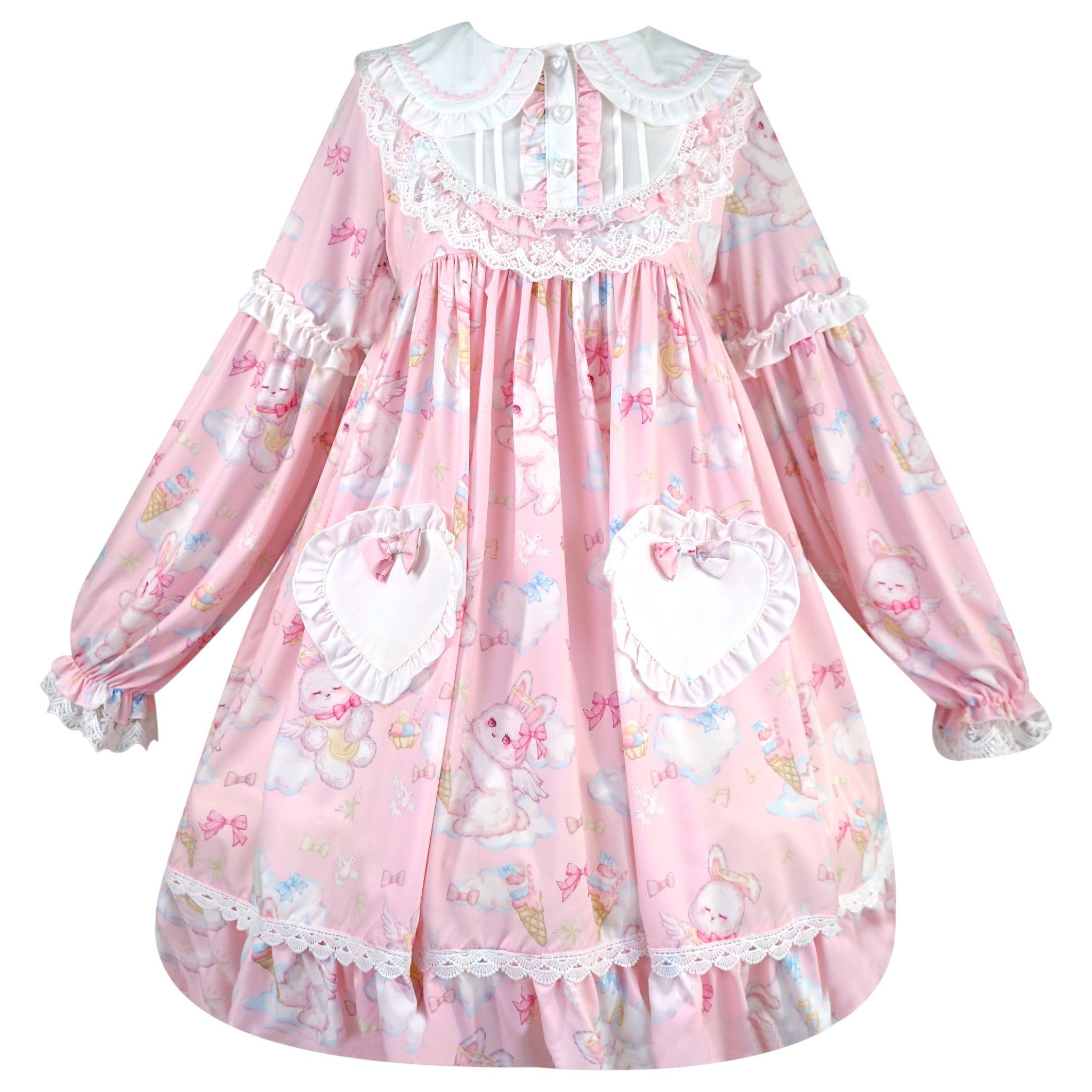 Cute Ladies Pleated Dresses Puff Sleeve Animal Printed Heart Pocket Button Pink/Blue