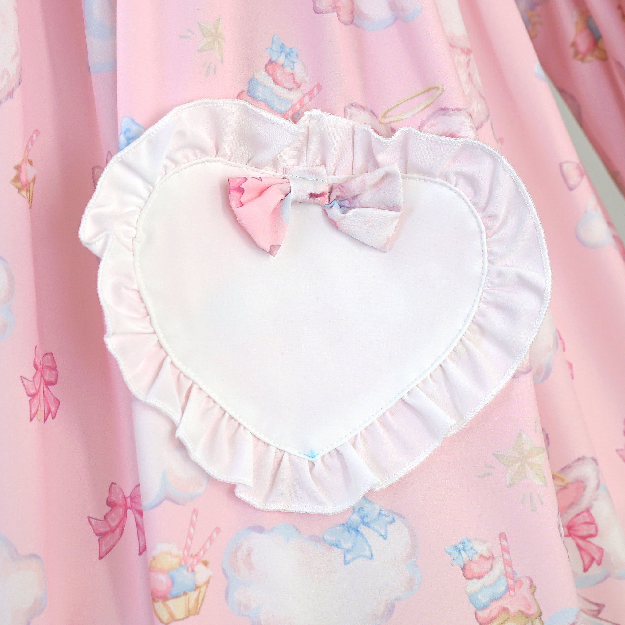 Cute Ladies Pleated Dresses Puff Sleeve Animal Printed Heart Pocket Button Pink/Blue