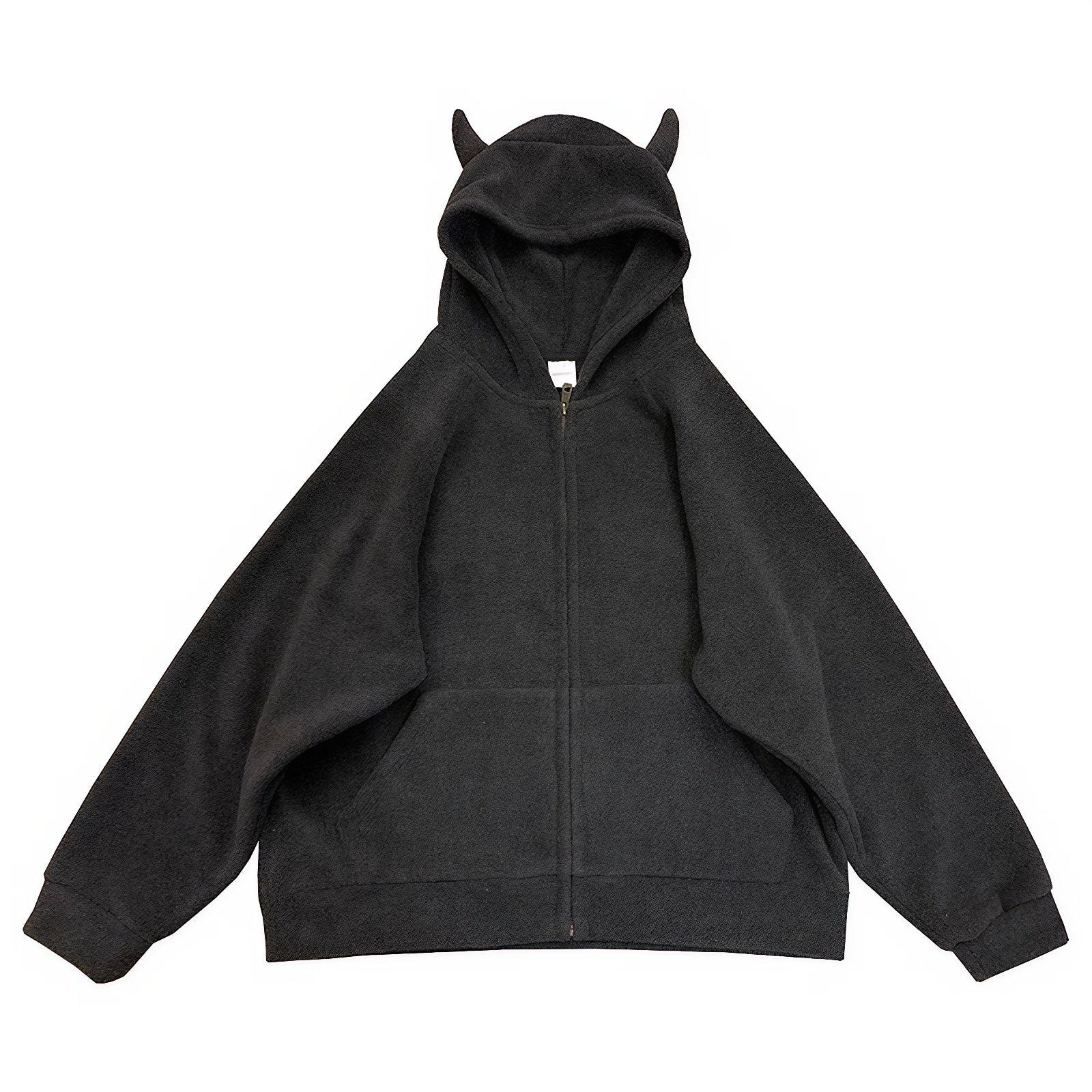 Back and sleeve details of kawaii devil ear hooded sweatshirt in dark gray