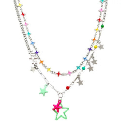 A layered silver chain necklace with rainbow-colored enamel stars and metallic stars, finished with a neon green and pink dangling star charm – bold and playful Y2K style.