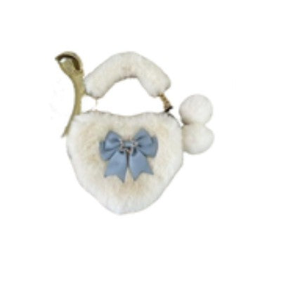 Cute Furry Heart Shoulder Bag with Bow and Star Charm Soft Plush Lolita Style Handbag