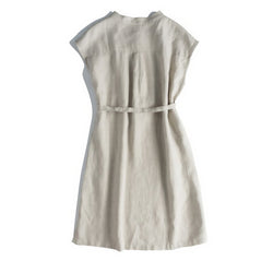 Back view of minimalist stand collar linen dress with adjustable belt