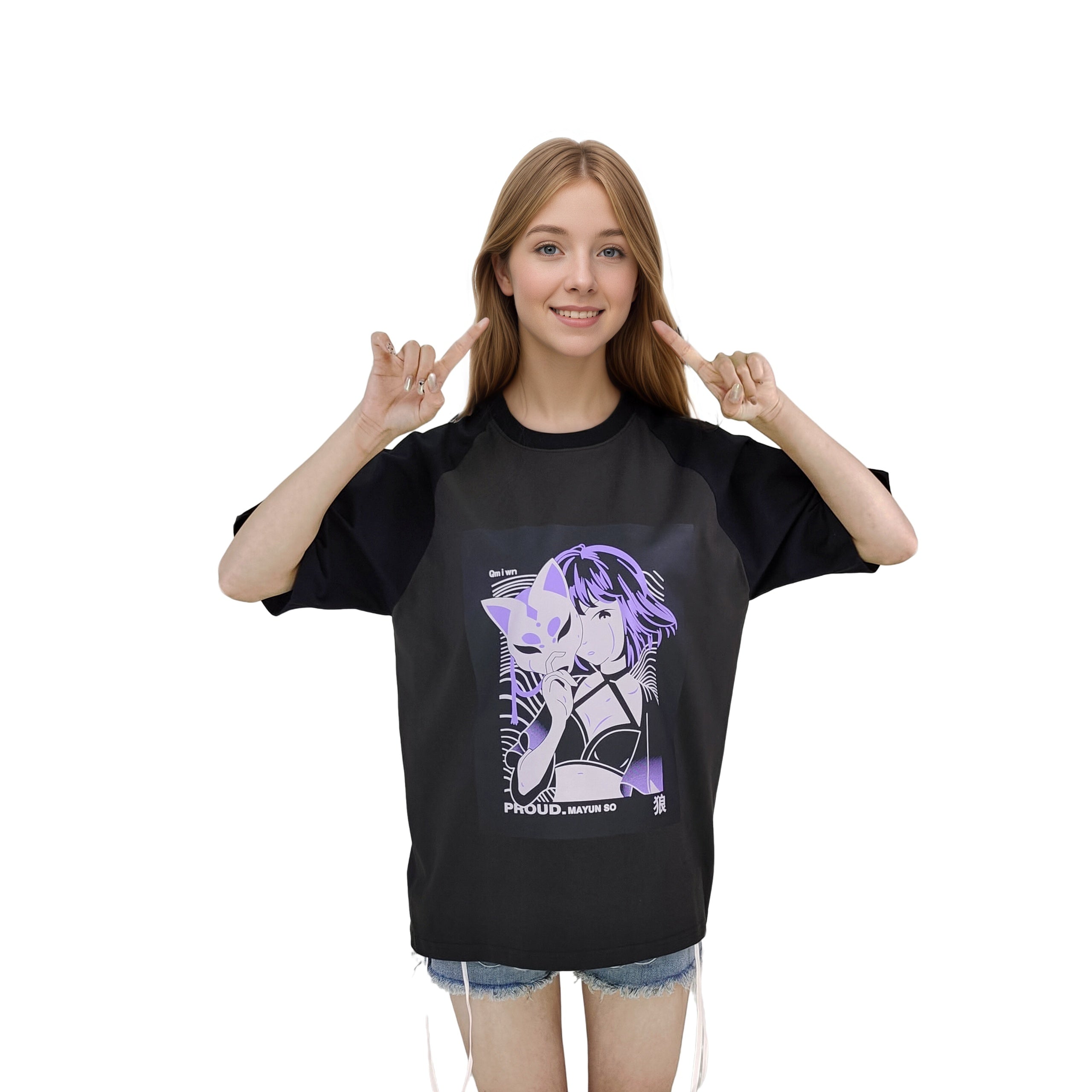 Anime Girl Graphic T-Shirt Oversized Japanese Streetwear Style Fox Mask Tops Black