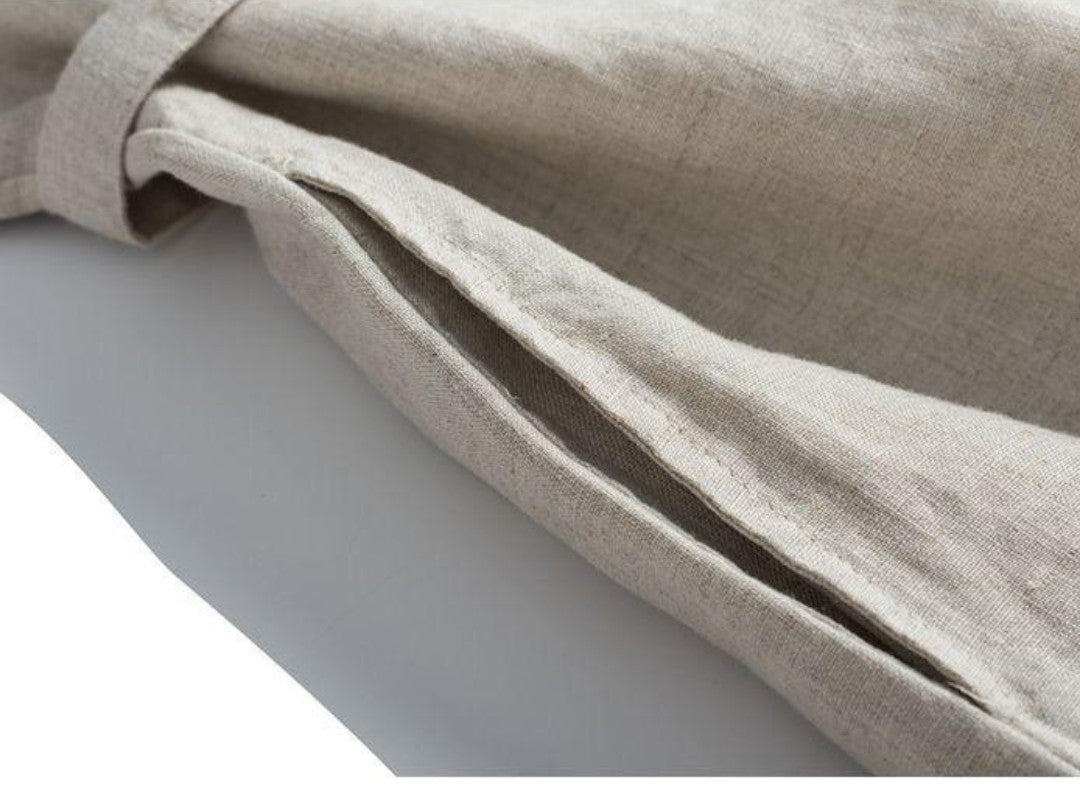 100% Linen A-Line Midi Dress Sleeveless Stand Collar Button Front Summer Casual Loose Fit Dress with Waist Tie