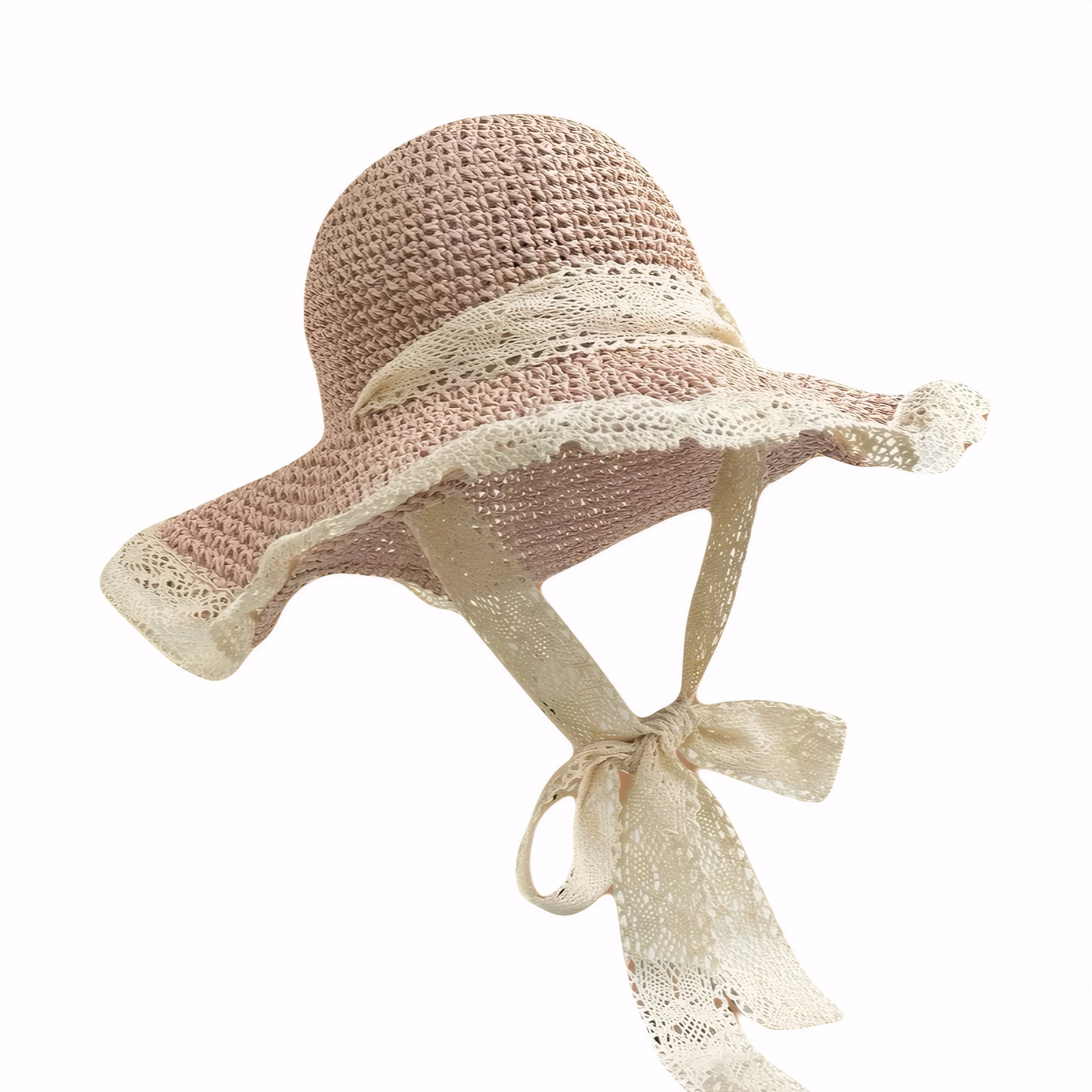 Sweet French-style straw sun hat with lace bow and floppy brim
