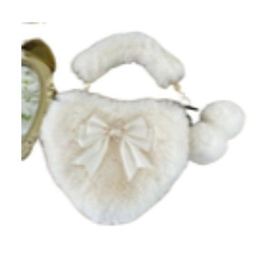 Cute Furry Heart Shoulder Bag with Bow and Star Charm Soft Plush Lolita Style Handbag