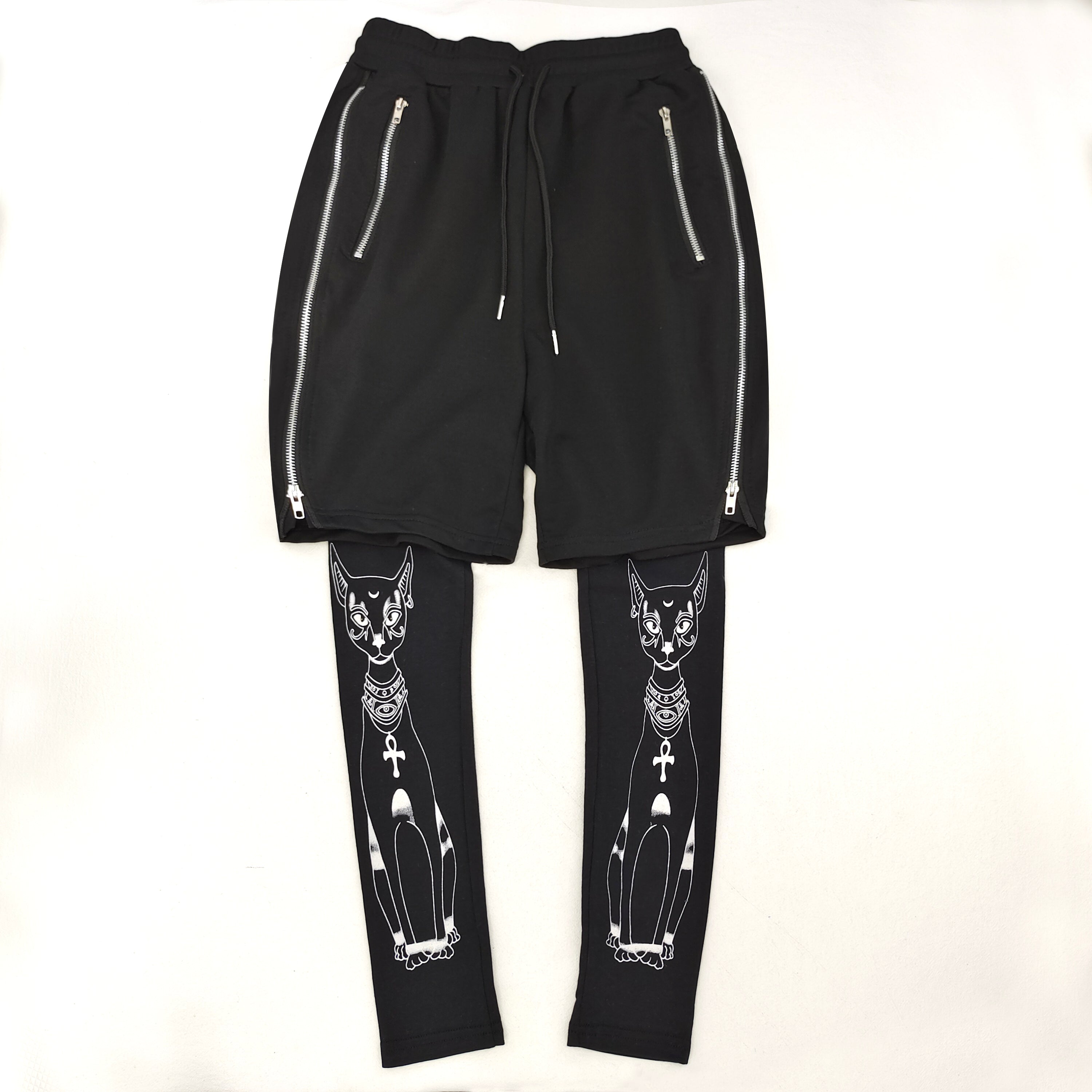 Black layered shorts with Egyptian cat print leggings unisex streetwear