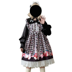 A Gothic-style black Lolita dress with checkered strawberry print and lace ruffle hem.