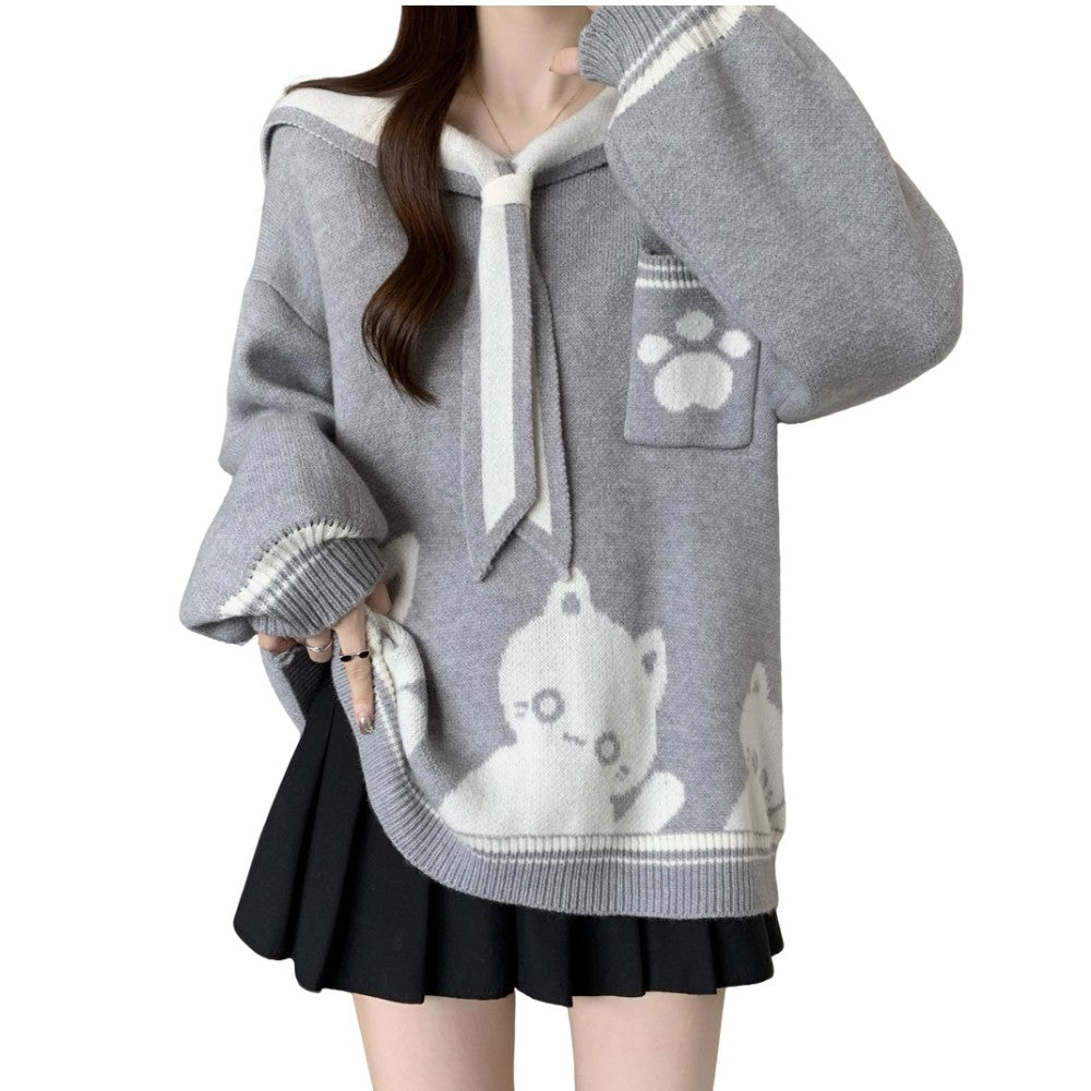 Kawaii Cat Sailor Collar Sweater for Women Harajuku Loose Pullover Knit Top