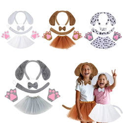 Dalmatian print dog outfit set with floppy ears, gloves, tail, and dotted skirt – adorable animal dress-up.