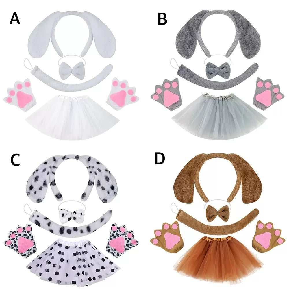 Brown puppy costume with cute paw gloves, bowtie, tail, and matching skirt – fun Halloween outfit.