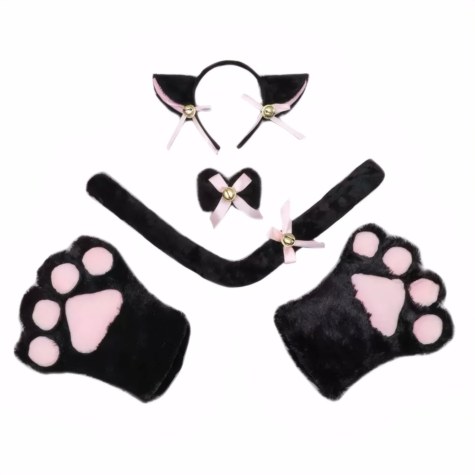 Black cat cosplay costume set with ears, tail, paws and bow collar