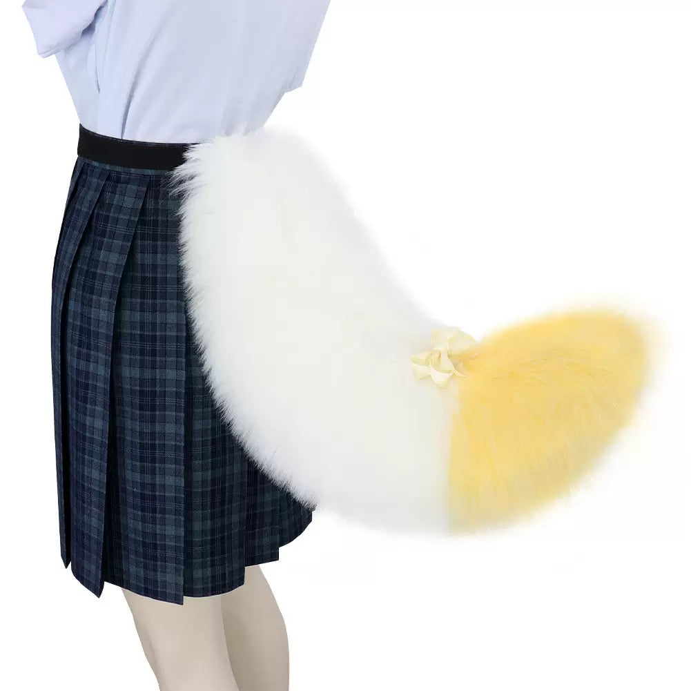 Soft fluffy faux fur animal cosplay tail with gradient color and bow, attached to belt strap