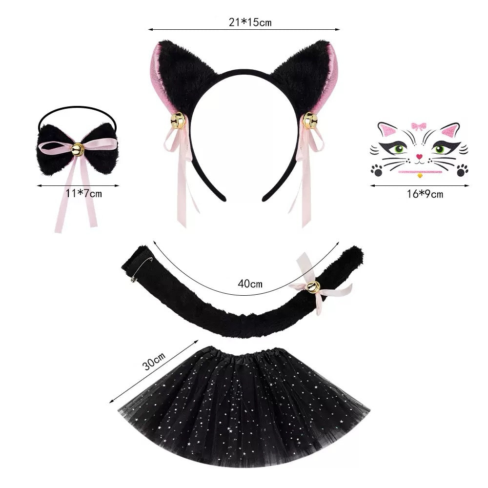 Cute Furry Cat Ear Cosplay Set with Bell Tail & Tutu Skirt Halloween Costume for Girls