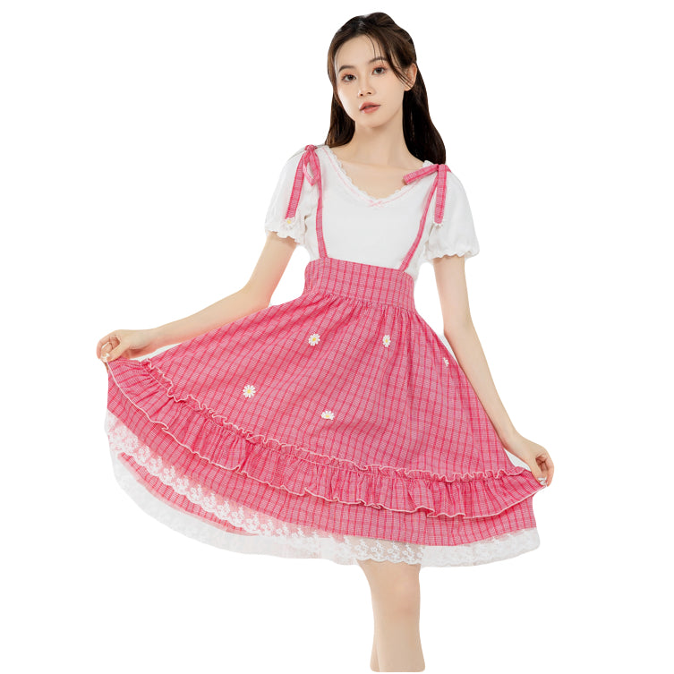 red cute plaid ruffle suspender mini skirt for sweet girl plaid high waist lolita fashion