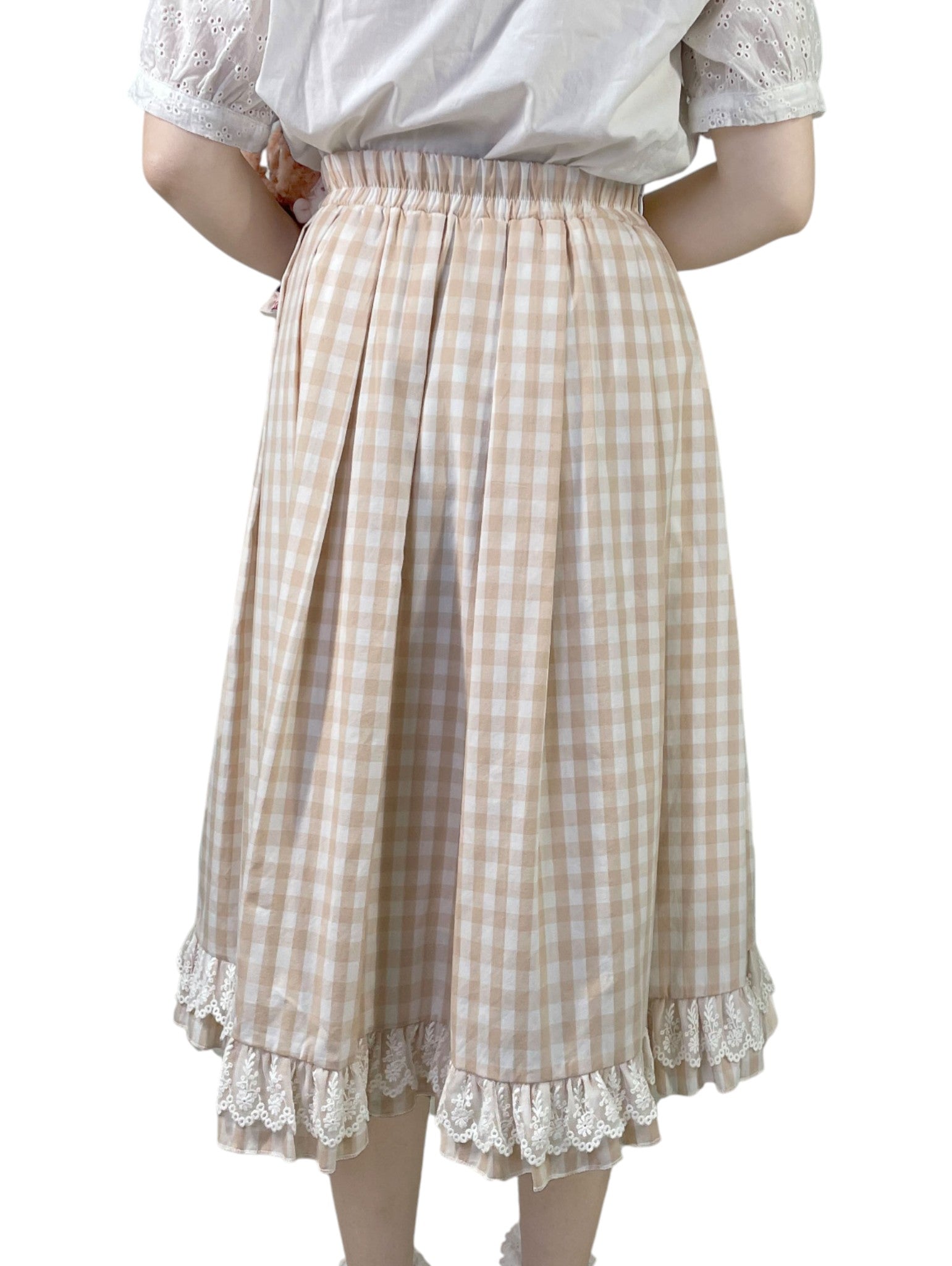 Long Elastic Waist Calf Length Ruffled Hem Pleated All-match Skirt Blue Plaid with Lace Edge