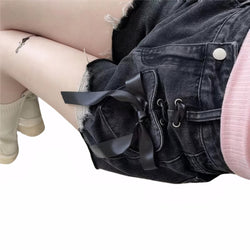 Chic Bow Tie High Waist Denim Shorts Women's Lace-Up Heart Pocket Ripped Hot Pants Kawaii A-Line Summer Jean Shorts
