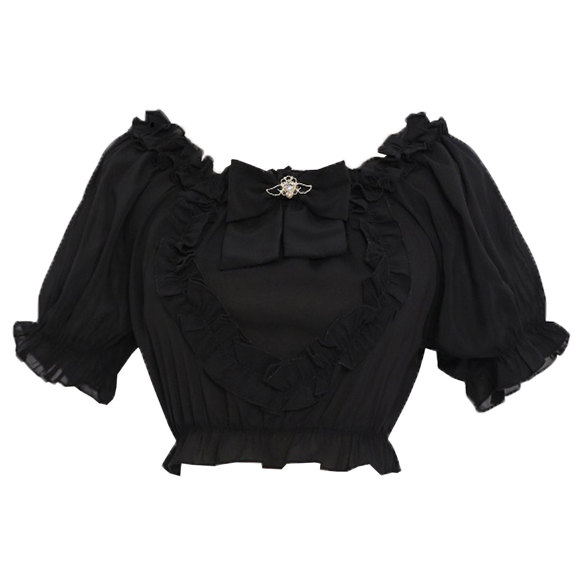Black short-sleeve Lolita blouse with heart-shaped bow, ruffled neckline, and soft chiffon fabric – elegant gothic style.