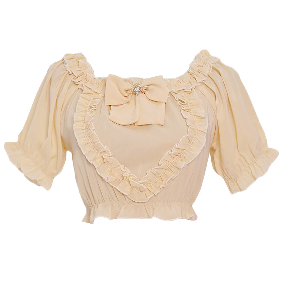 Cream beige Lolita-style blouse with frilly details, short sleeves, and a decorative bow – vintage and graceful look.