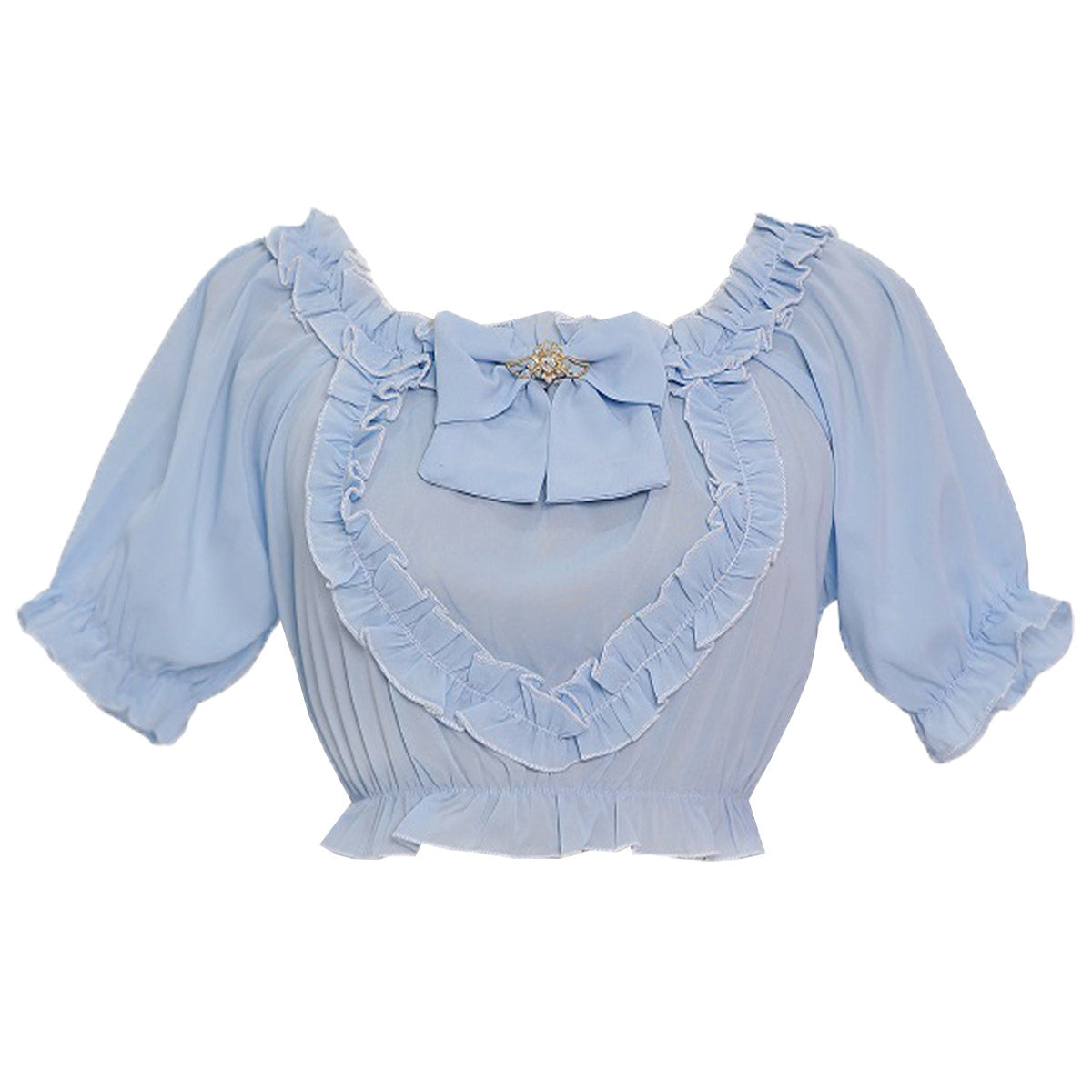 Light blue Lolita blouse with puff sleeves, ruffle trim, and a matching bow – soft and charming for kawaii outfits