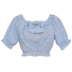 Light blue Lolita blouse with puff sleeves, ruffle trim, and a matching bow – soft and charming for kawaii outfits
