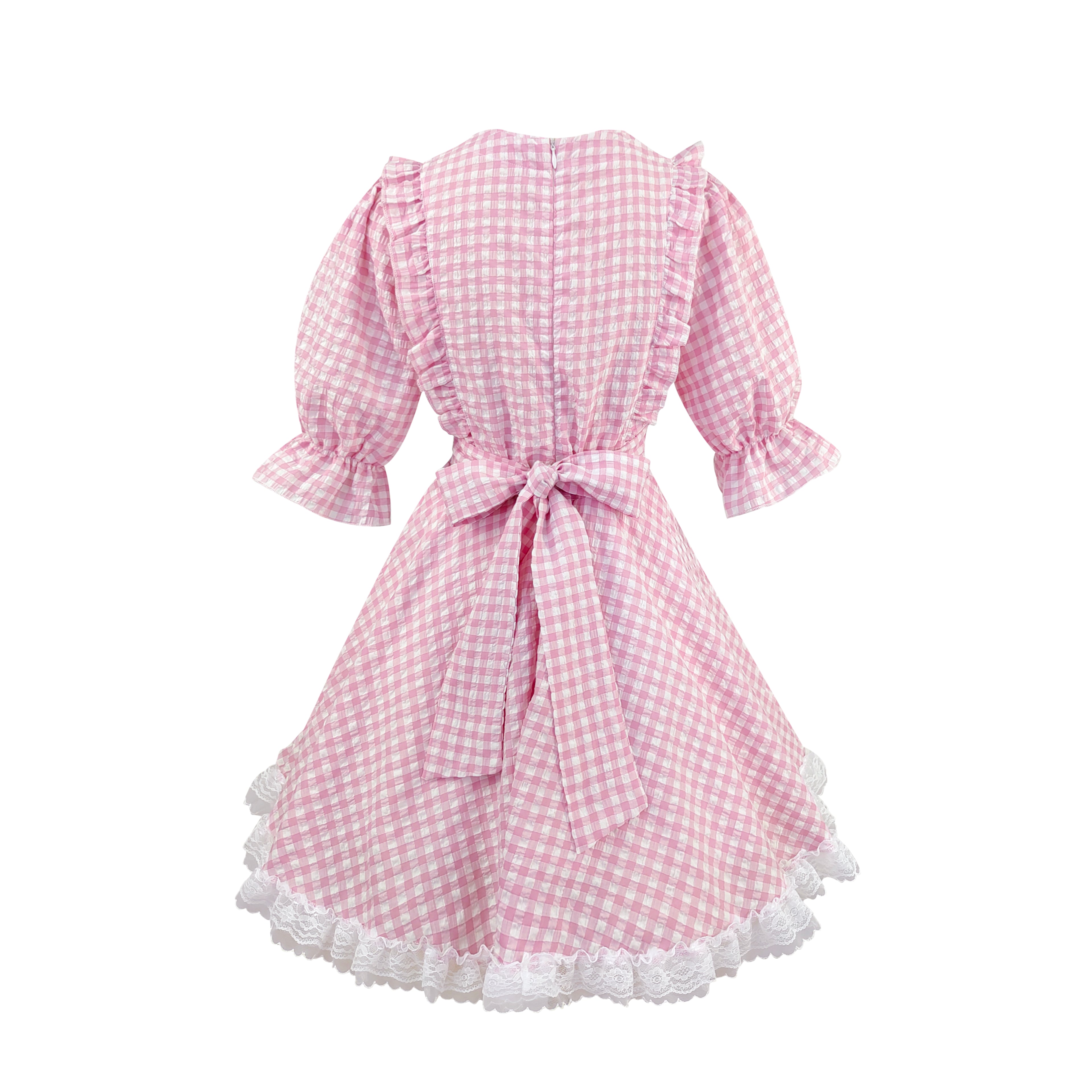 Sweet Lolita Gingham Dress with Lace Trim and Bows Kawaii Puff Sleeve