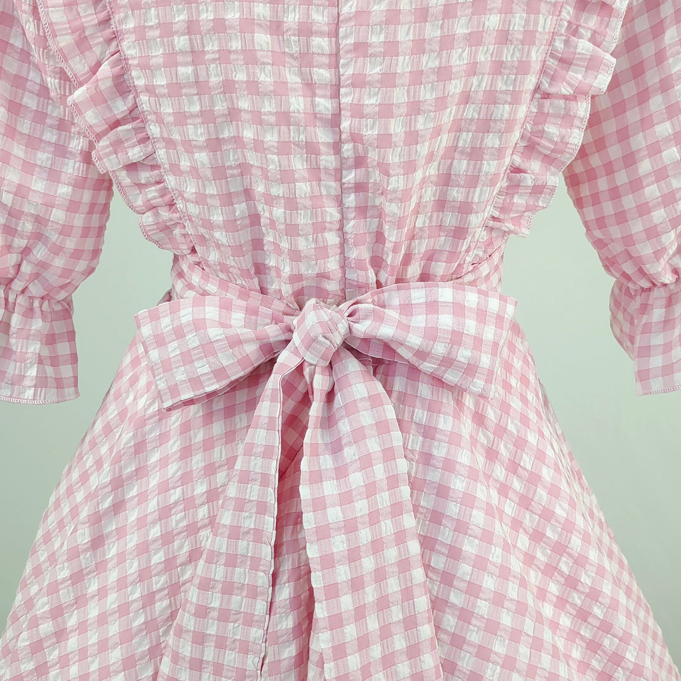 Sweet Lolita Gingham Dress with Lace Trim and Bows Kawaii Puff Sleeve Doll Style