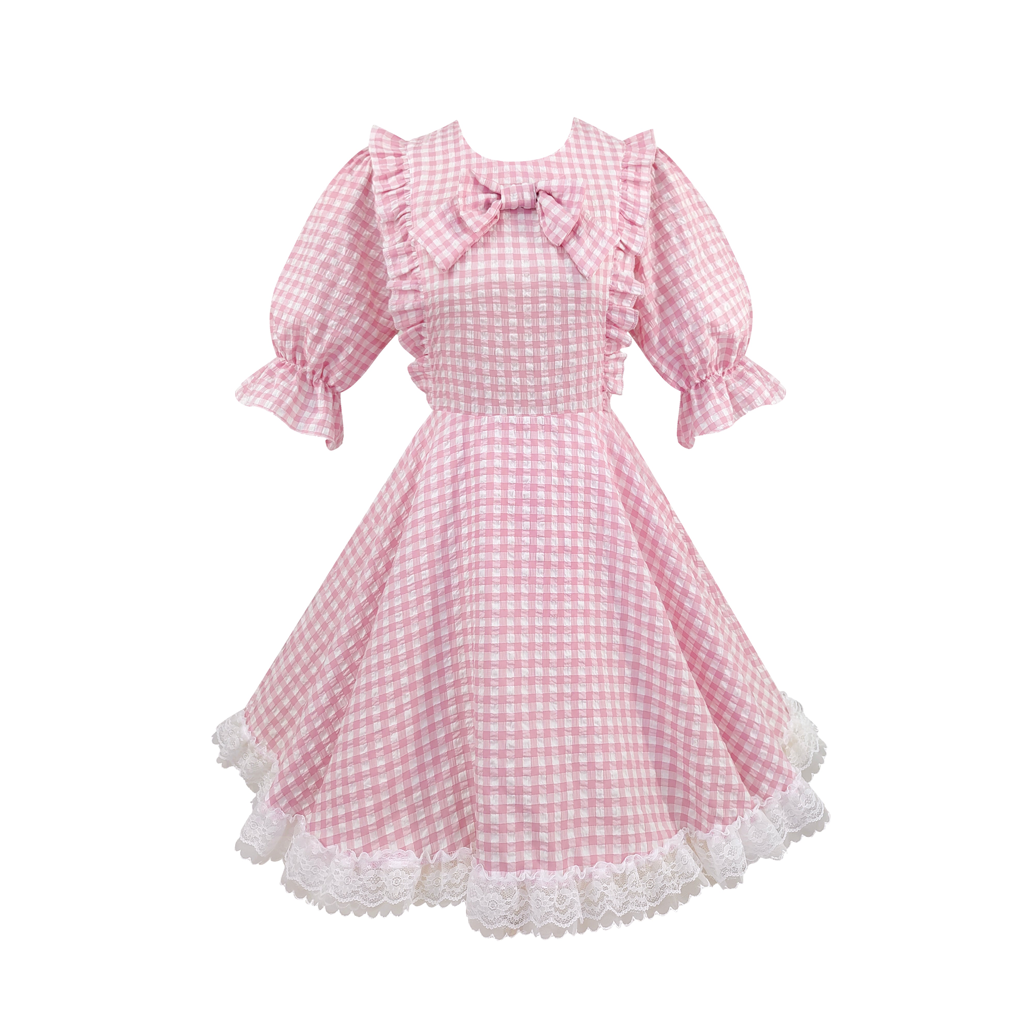 Sweet Lolita Gingham Dress with Lace Trim and Bows Kawaii Puff Sleeve Doll Style