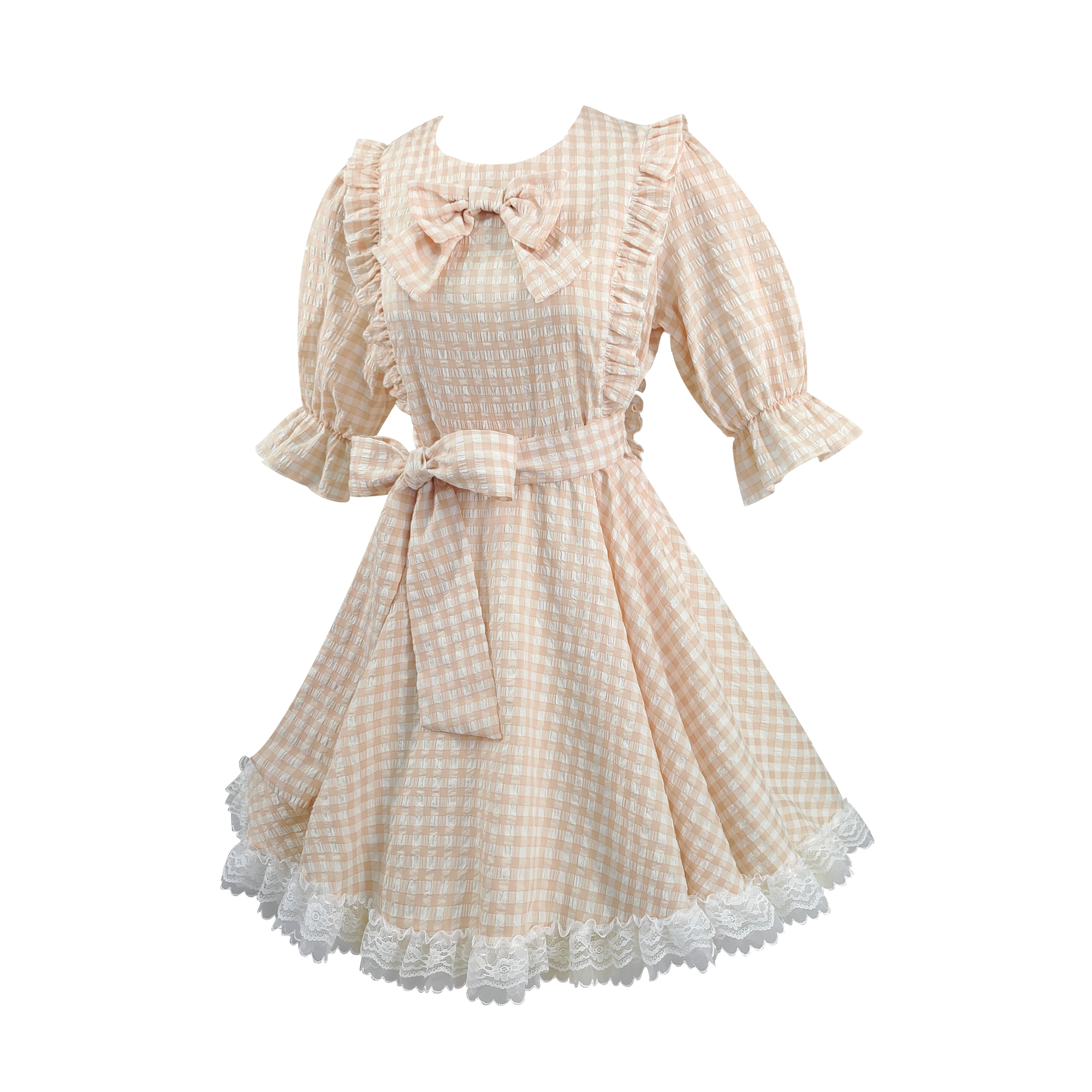 Sweet Lolita Gingham Dress with Lace Trim and Bows Kawaii Puff Sleeve Doll Style