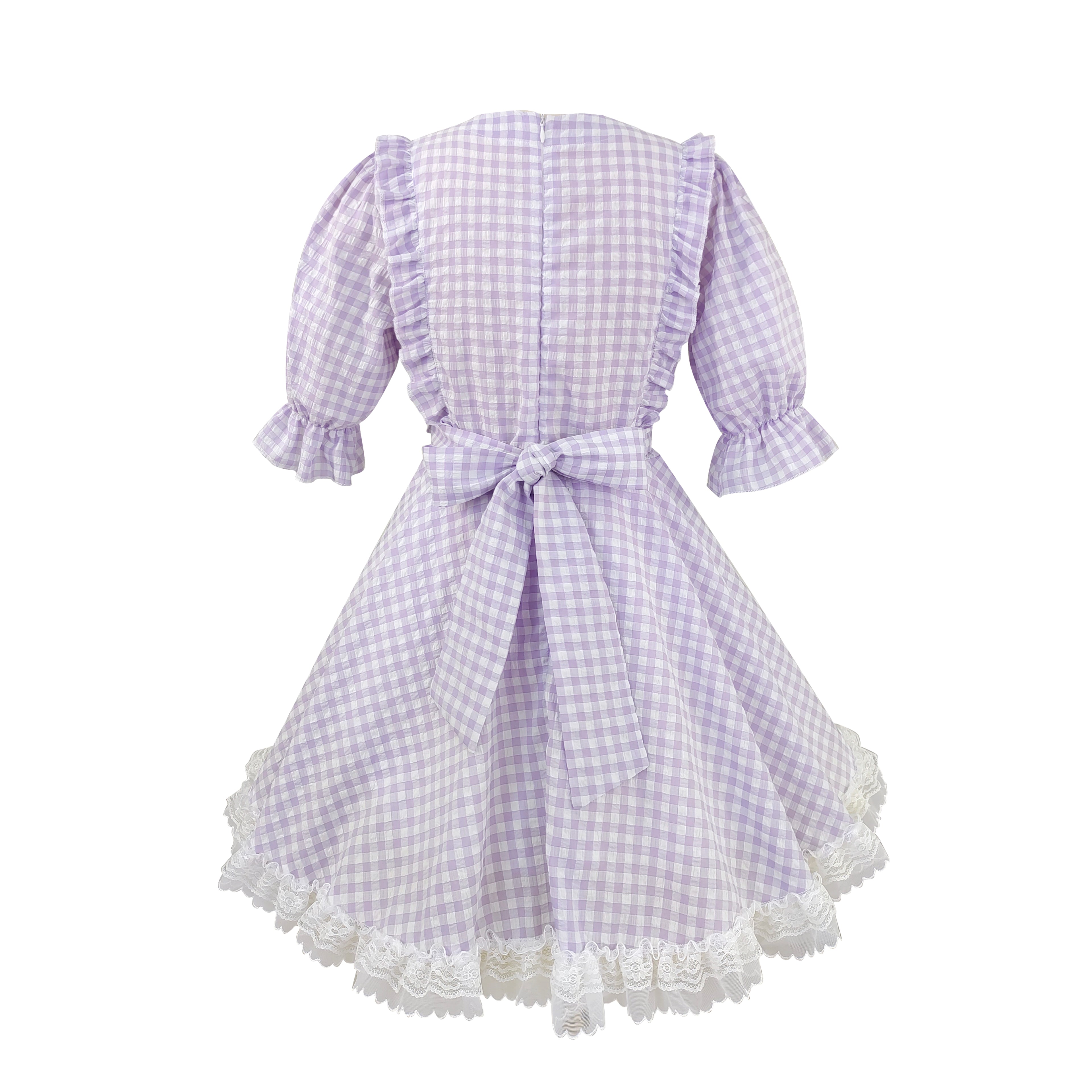 Jfashion Gingham Puff Sleeve Dress Japanese Style Sweet Bow Ruffle Party Dress for Teens