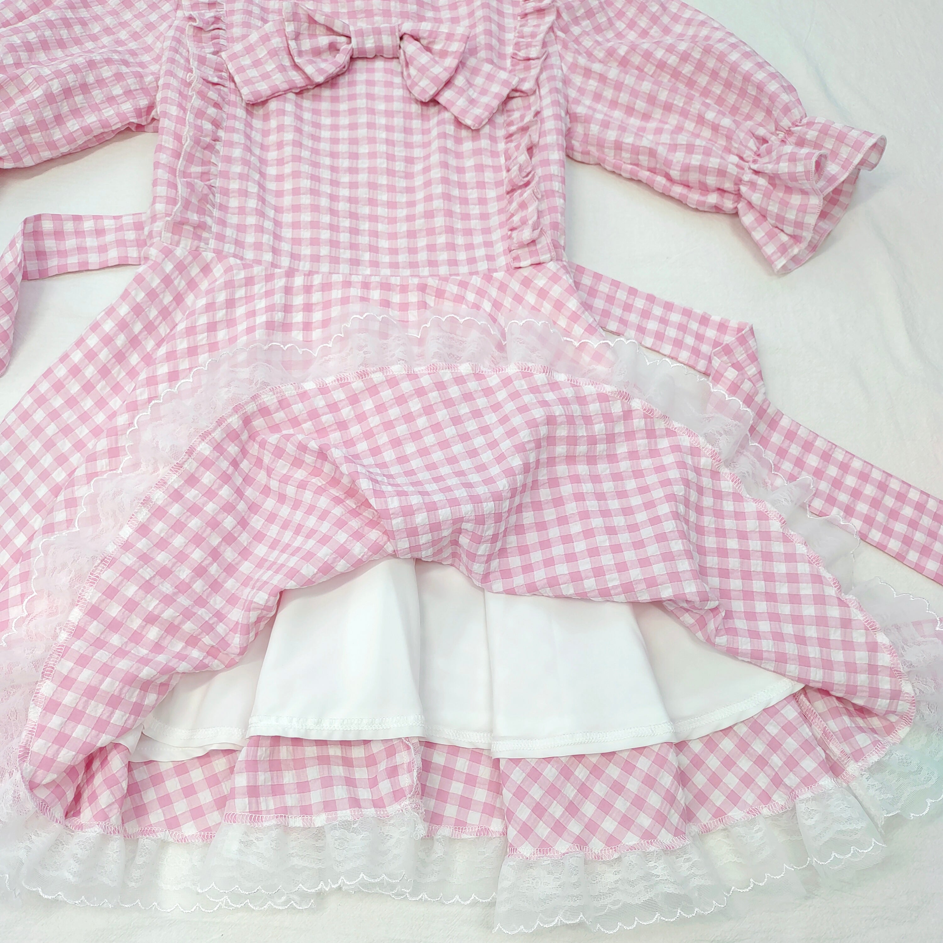 Sweet Lolita Gingham Dress with Lace Trim and Bows Kawaii Puff Sleeve Doll Style
