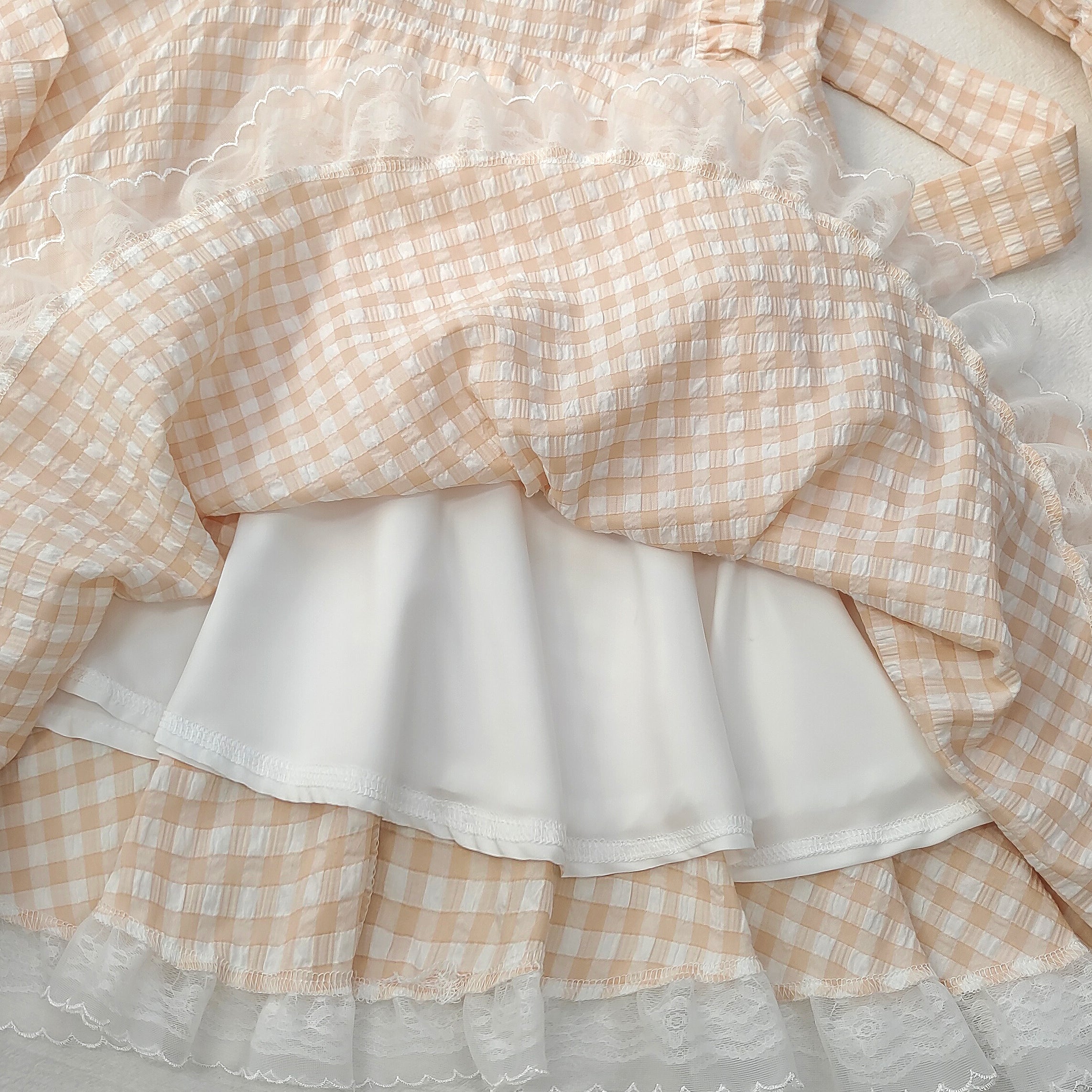 Sweet Lolita Gingham Dress with Lace Trim and Bows Kawaii Puff Sleeve Doll Style