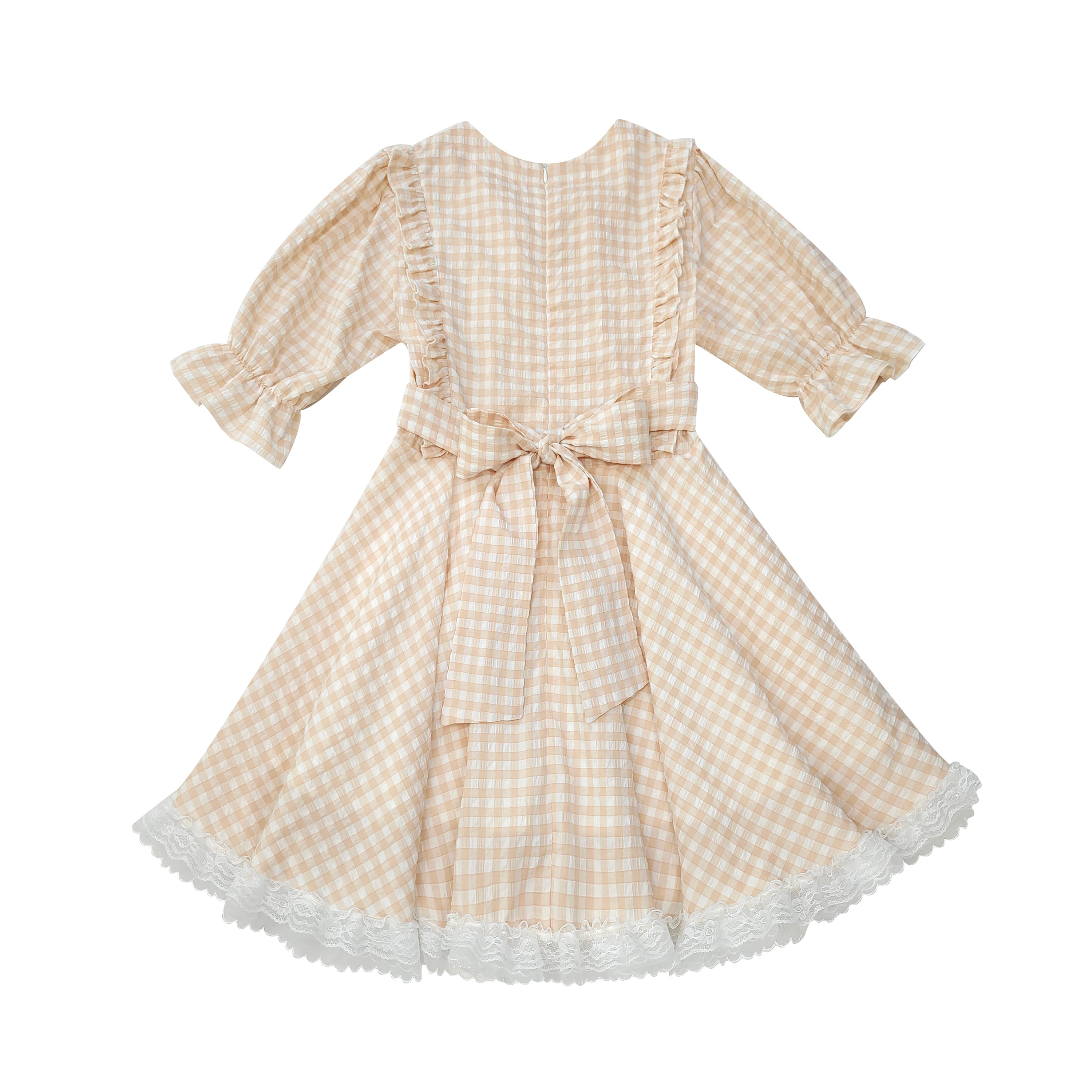 Sweet Lolita Gingham Dress with Lace Trim and Bows Kawaii Puff Sleeve Doll Style