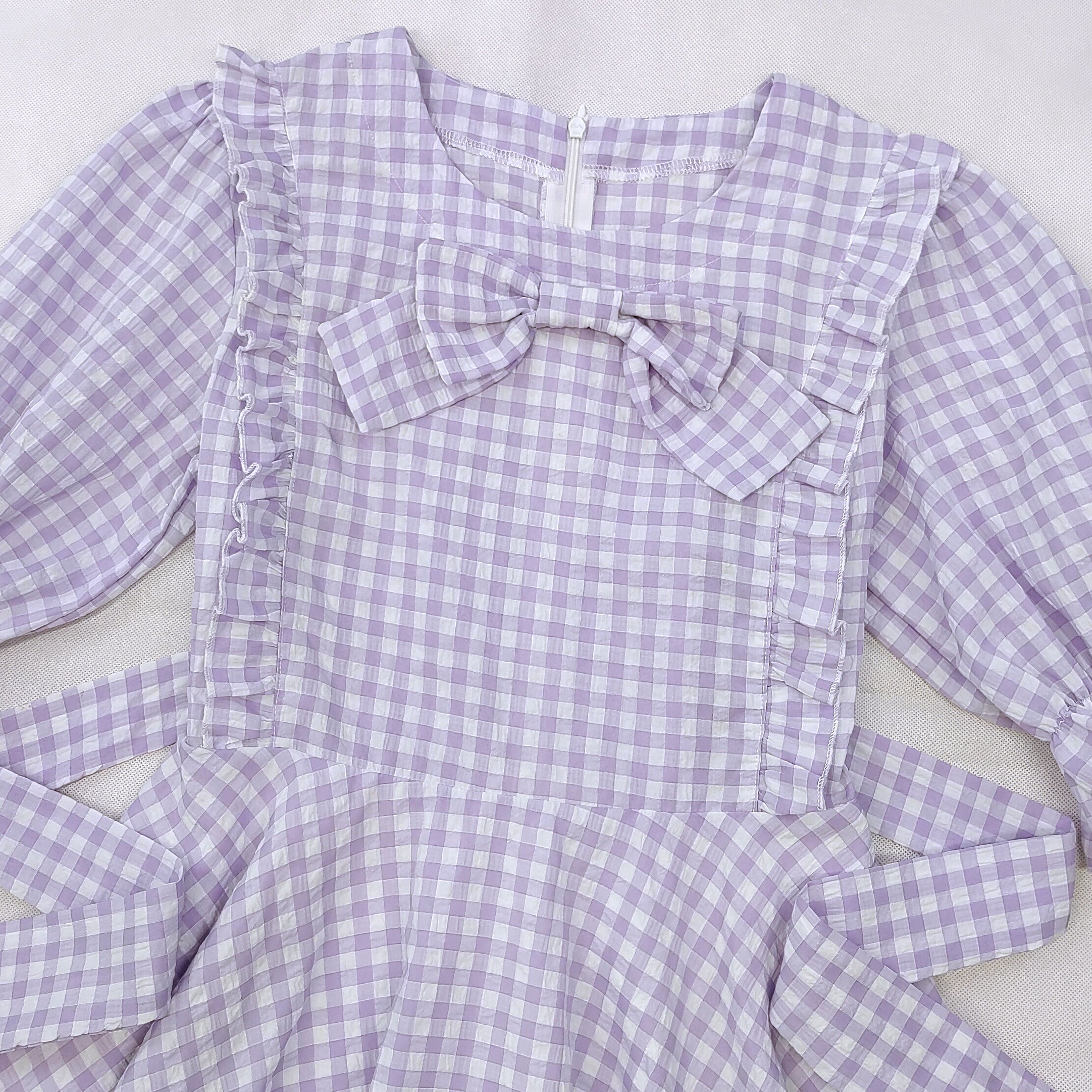 Jfashion Gingham Puff Sleeve Dress Japanese Style Sweet Bow Ruffle Party Dress for Teens