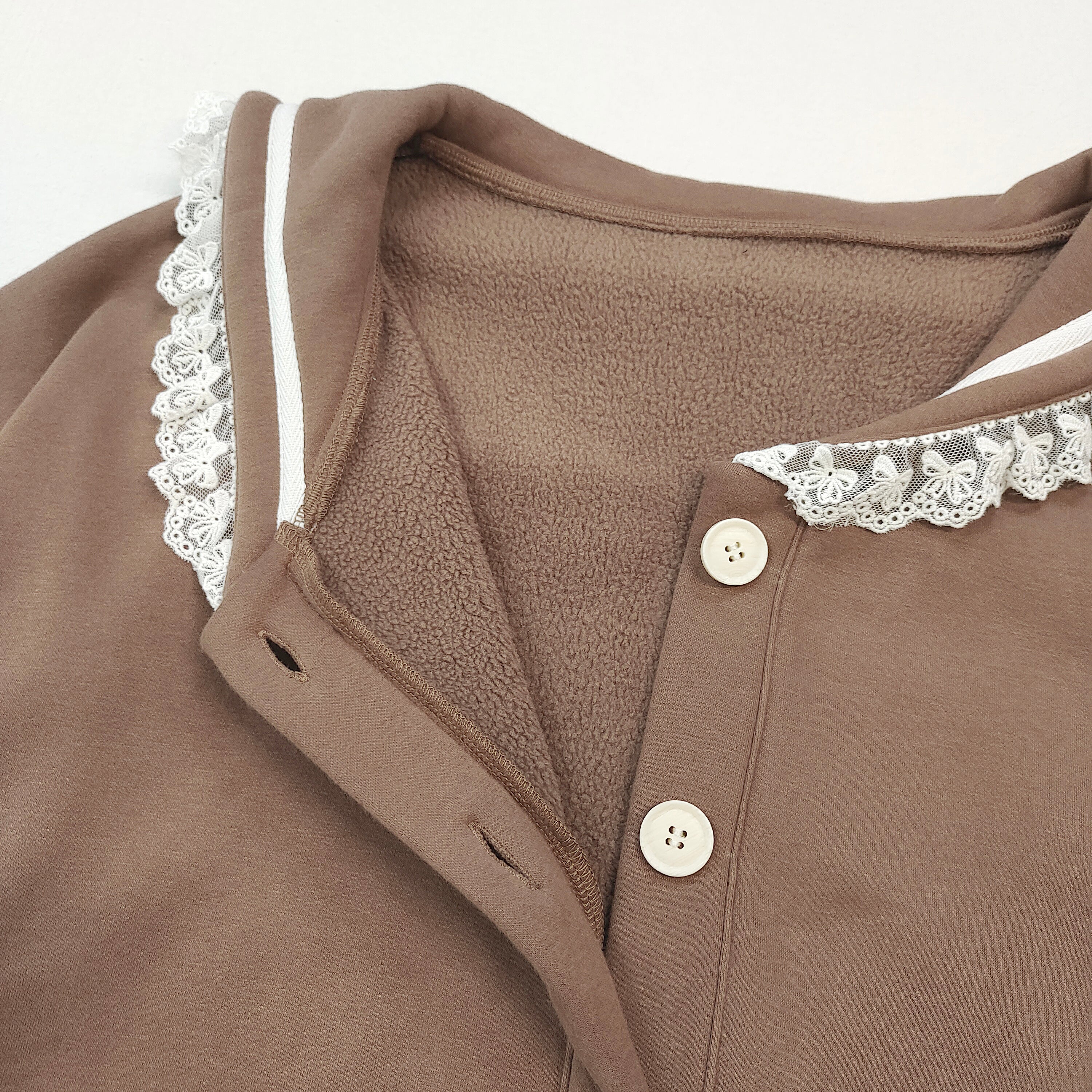 Kawaii Lace Collar Button Cardigan Soft Brown Sailor Knit Jacket with Front Pockets