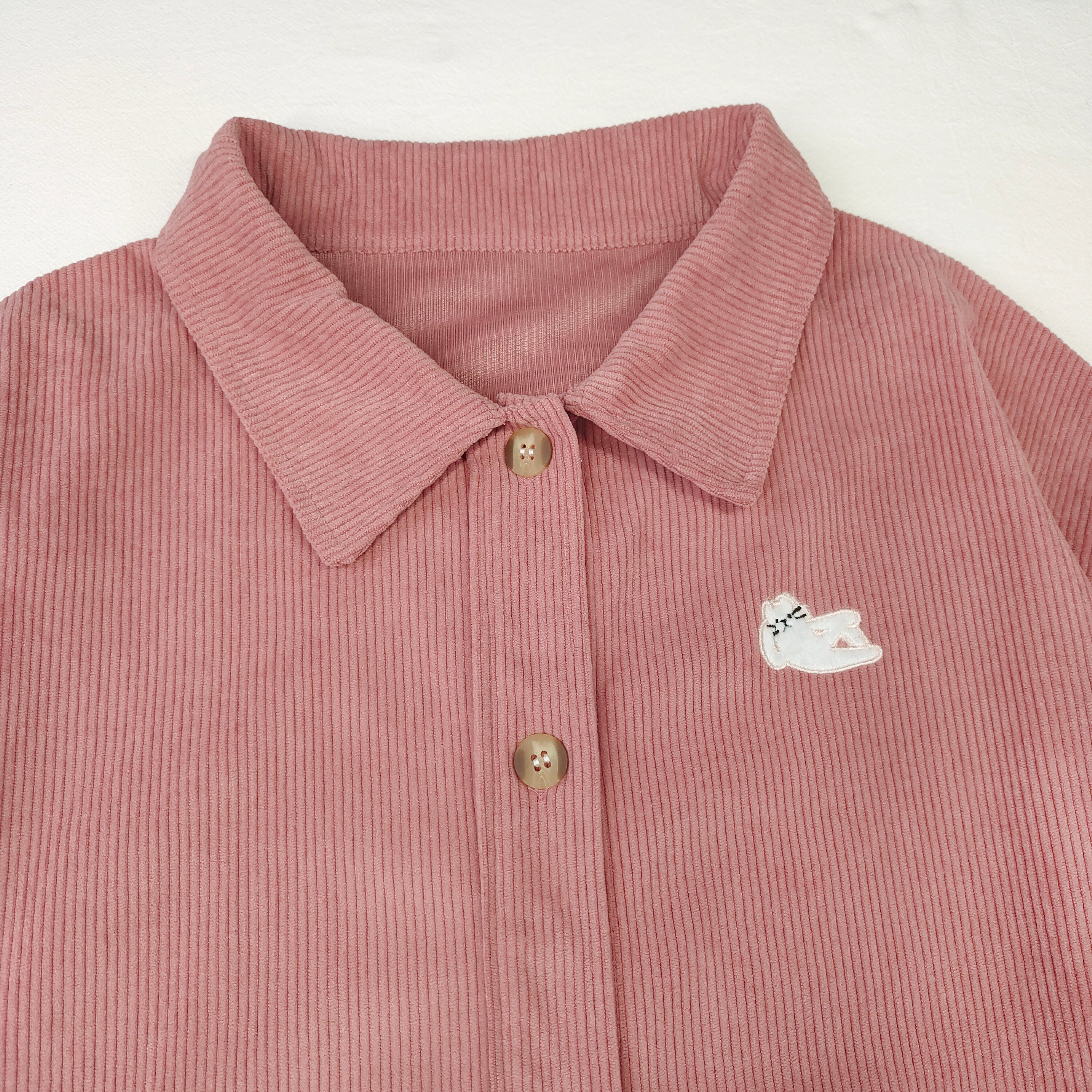Kawaii Corduroy Button-Up Shirt Women’s Oversized Cartoon Embroidered Jacket Top