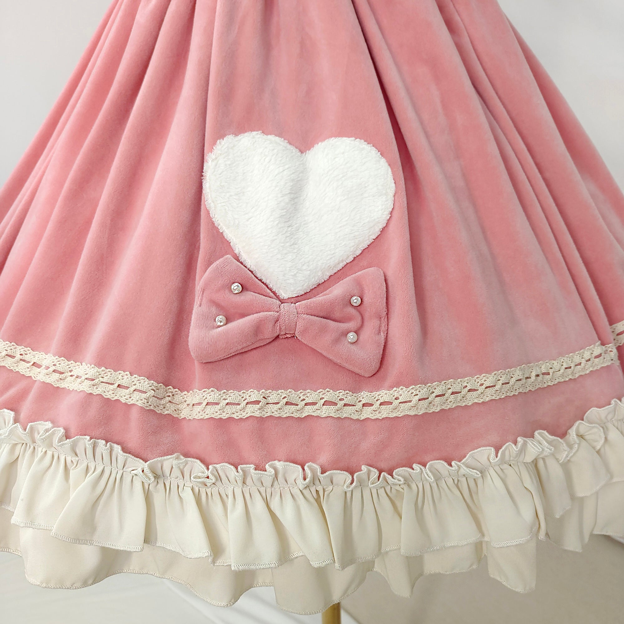 Kawaii Pink Suspender Skirt with Heart Pockets and Ruffle Trim Sweet Lolita Style