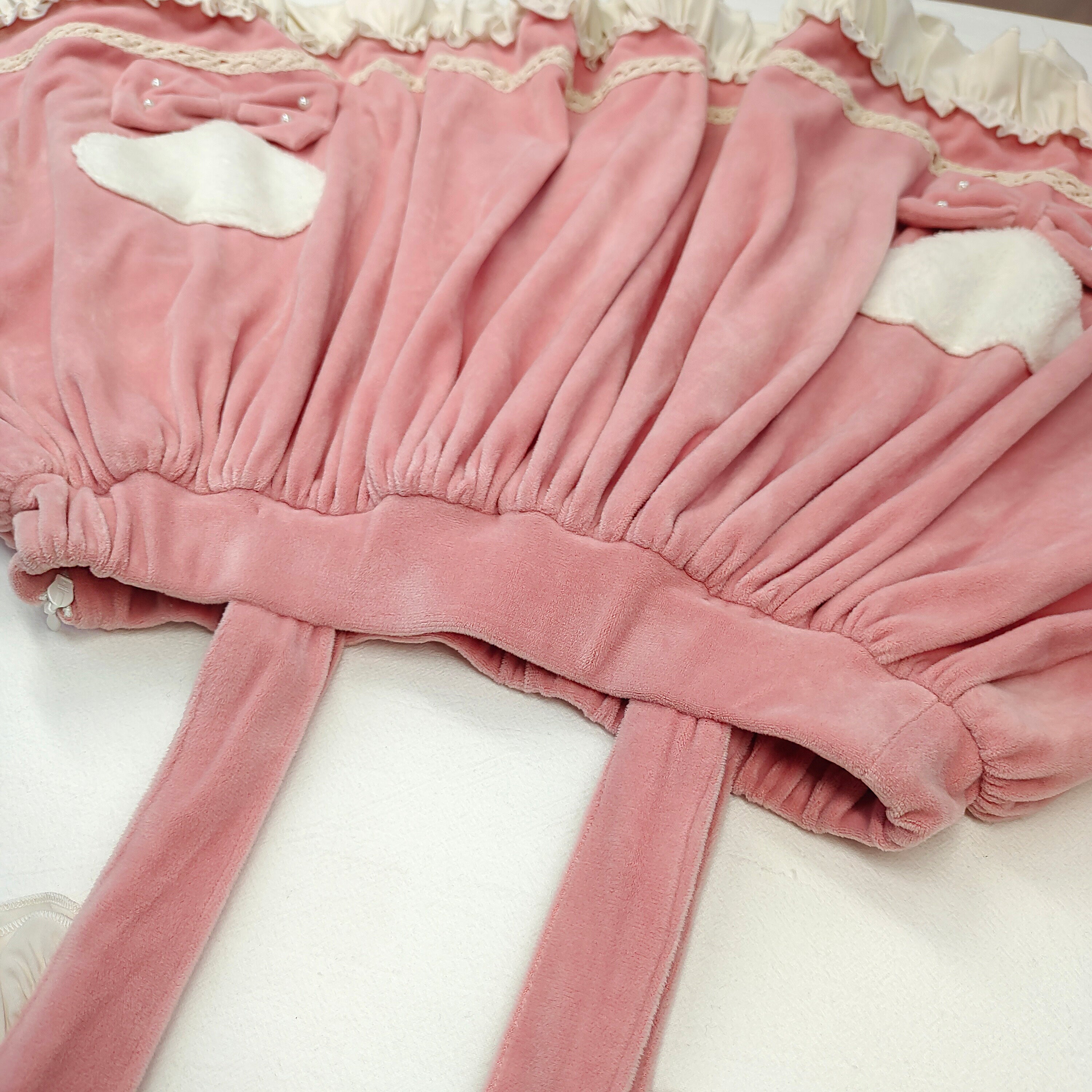 Kawaii Pink Suspender Skirt with Heart Pockets and Ruffle Trim Sweet Lolita Style