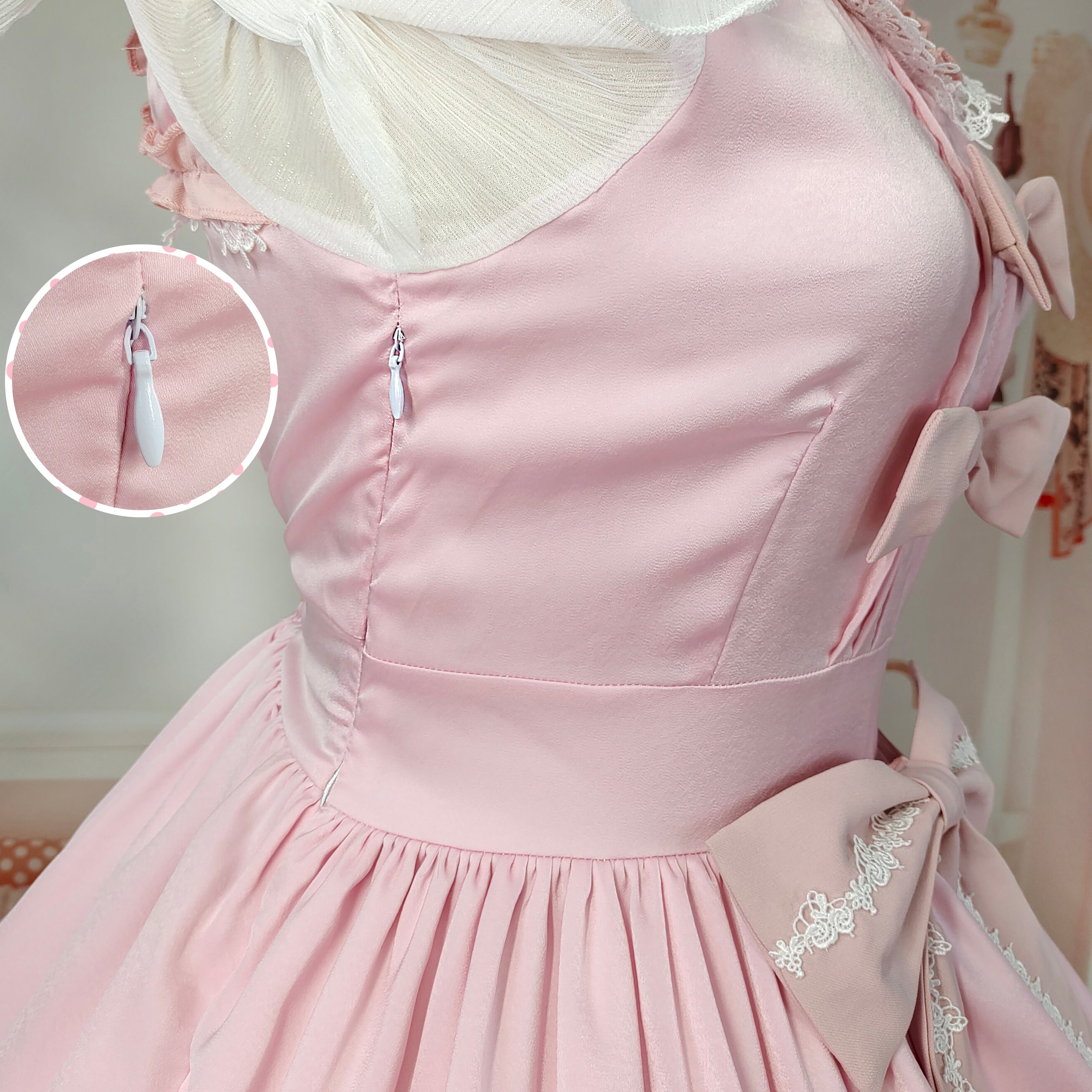 Sweet Lolita Pink Dress Ruffle Layered Princess JSK with Bows and Puff Sleeves