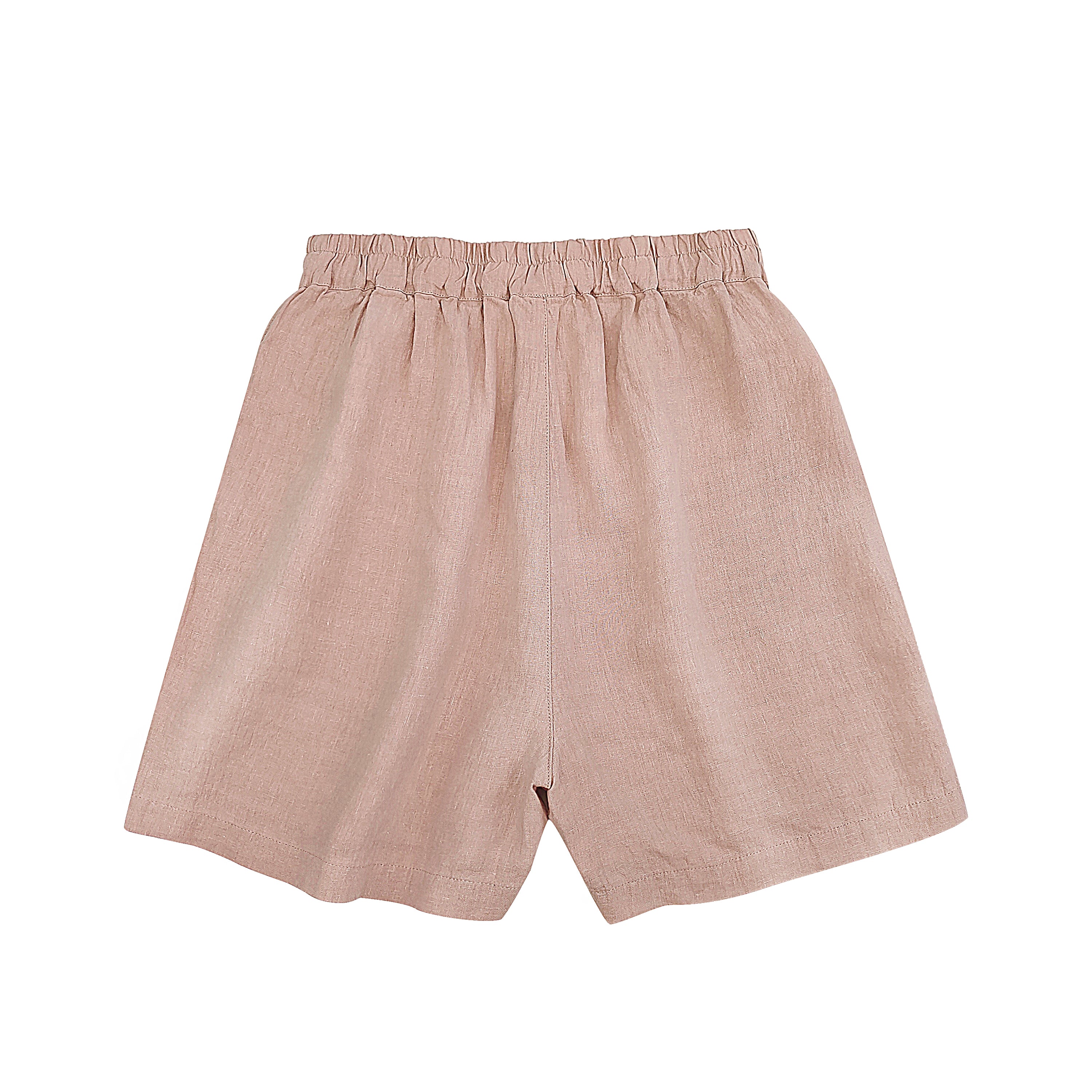 Pink linen-blend summer shorts for women with elastic waist and oversized pockets