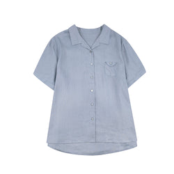 Women's Cotton Linen Button Down Shirt Summer Loose Fit Short Sleeve Blouse with Pocket Casual Vintage Style