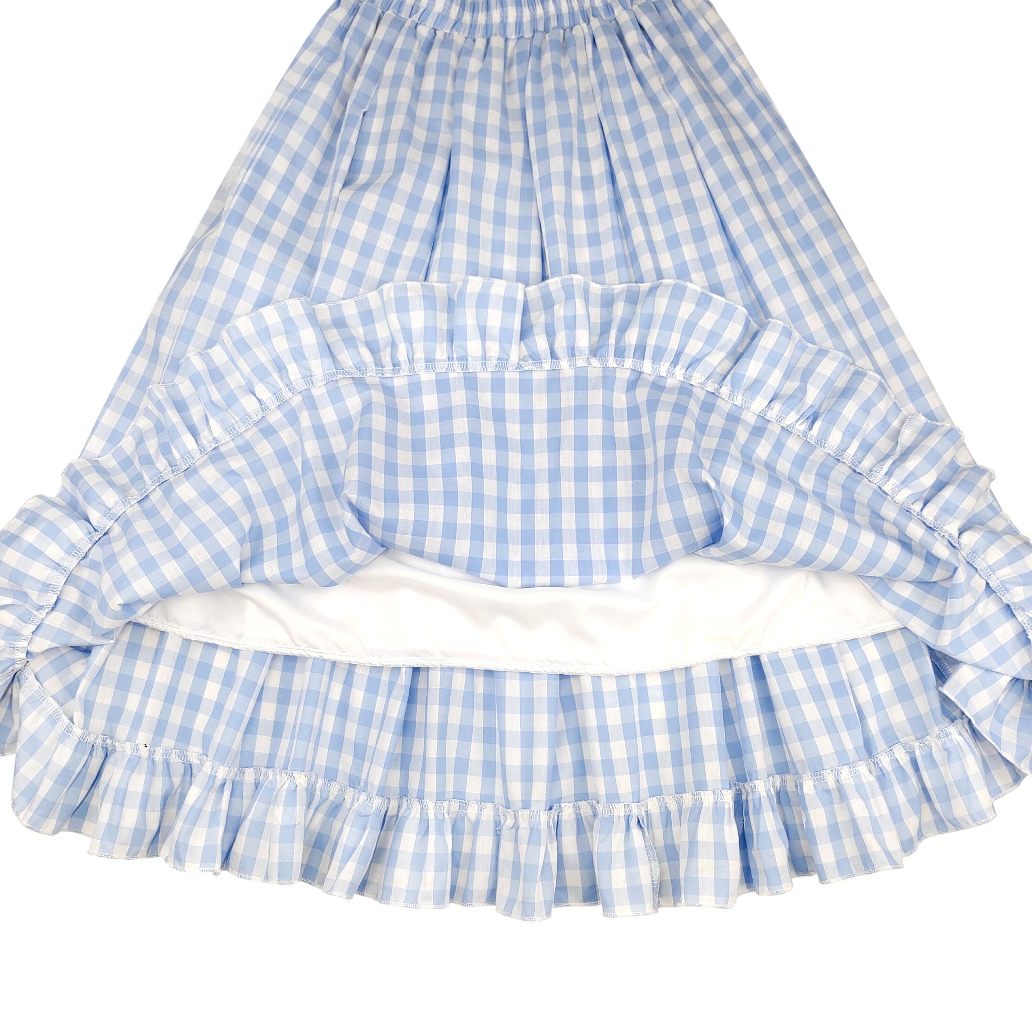 Long Elastic Waist Calf Length Ruffled Hem Pleated All-match Skirt Blue Plaid with Lace Edge