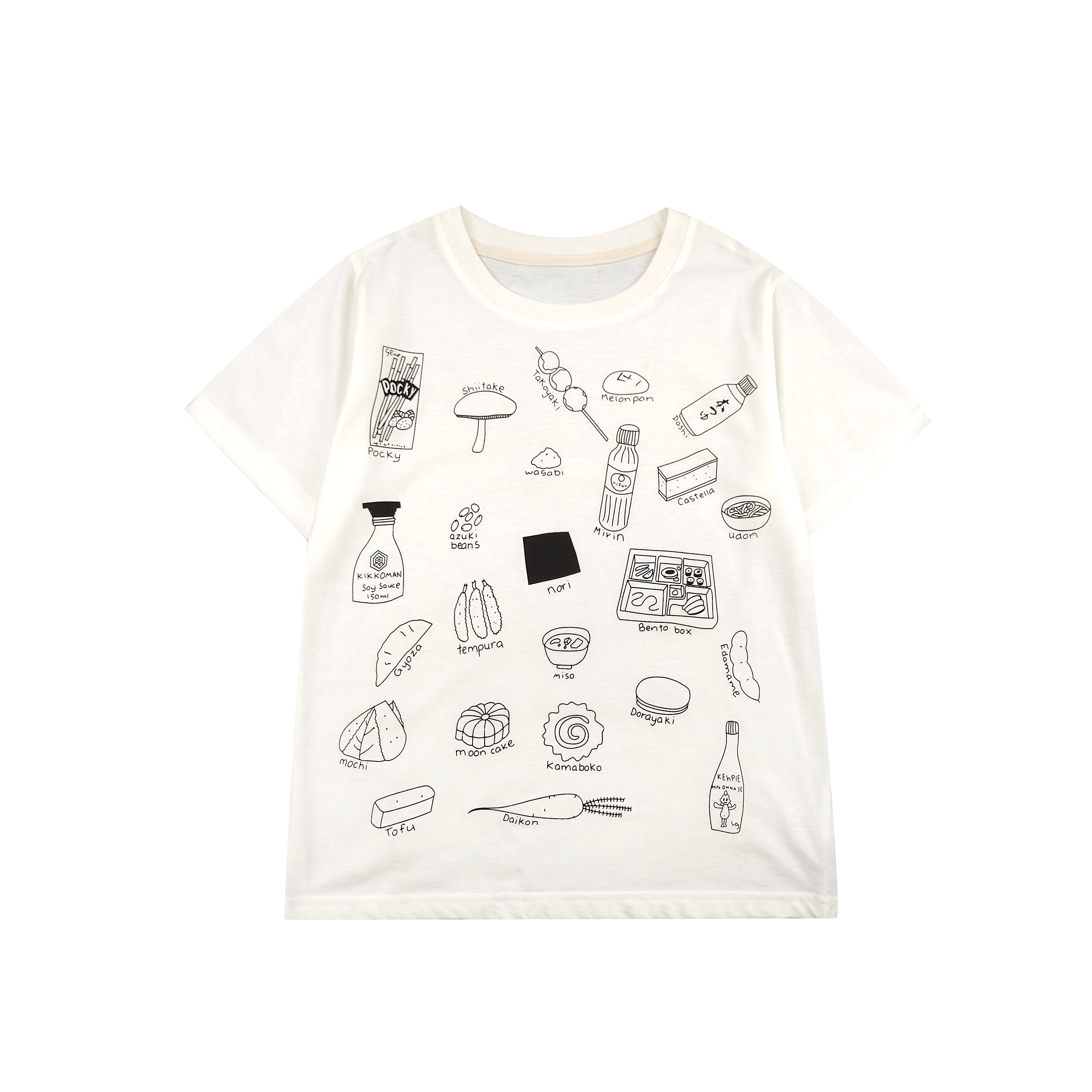 White cotton T-shirt featuring black line art drawings of Japanese foods like sushi, bento, tofu, and soy sauce.