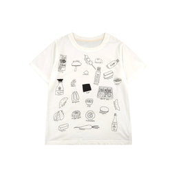 White cotton T-shirt featuring black line art drawings of Japanese foods like sushi, bento, tofu, and soy sauce.
