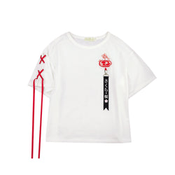 White cotton T-shirt with red sakura embroidery, black ribbon tag, and crisscross red laces on sleeve.