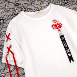 Kawaii Japanese Sakura Ribbon T-Shirt Harajuku Red Lace Sleeve Cotton Tee