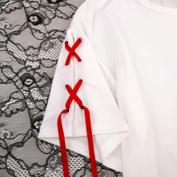 Kawaii Japanese Sakura Ribbon T-Shirt Harajuku Red Lace Sleeve Cotton Tee